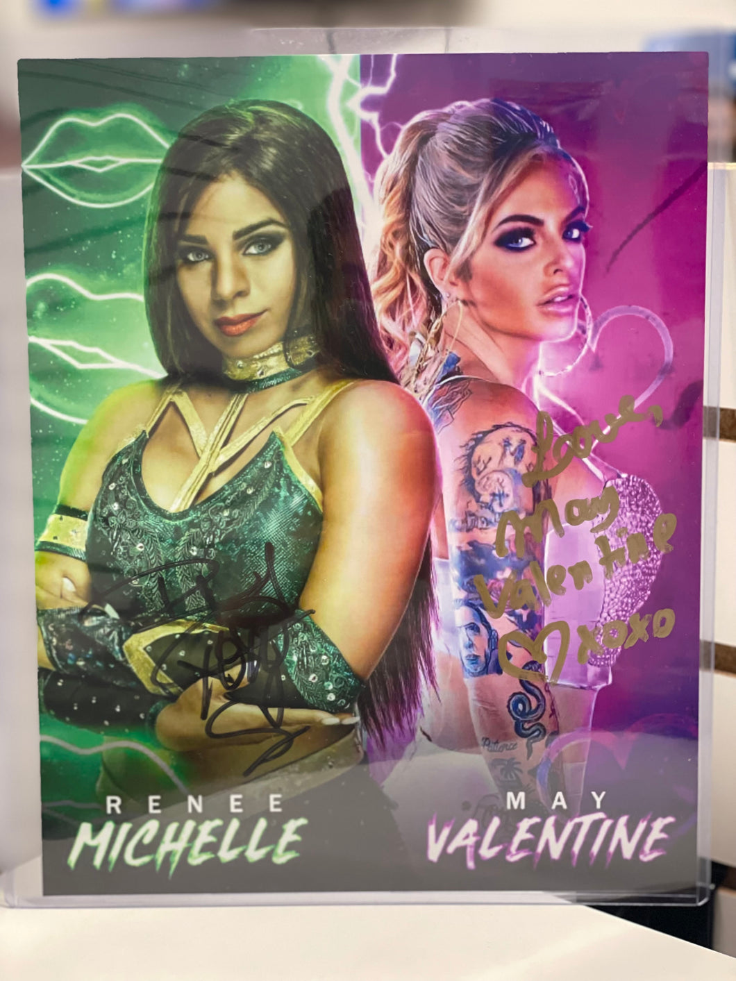 Autographed 8x10 Renee Michelle & May Valentine with toploader